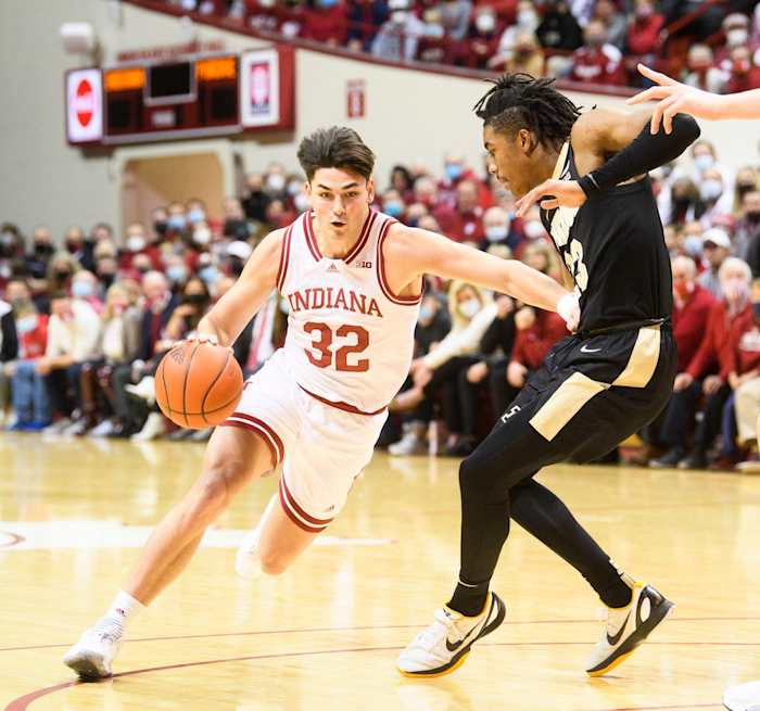 Indiana's Trey Galloway (32) drives on Purdue's Jaden Ivey (23) during the first half of the Indiana versus Purdue men's basektball game at Simon Skjodt Assembly Hall on Thursday, Jan. 20, 2022. Indiana won the game 68-65 to upset (4) Purdue.